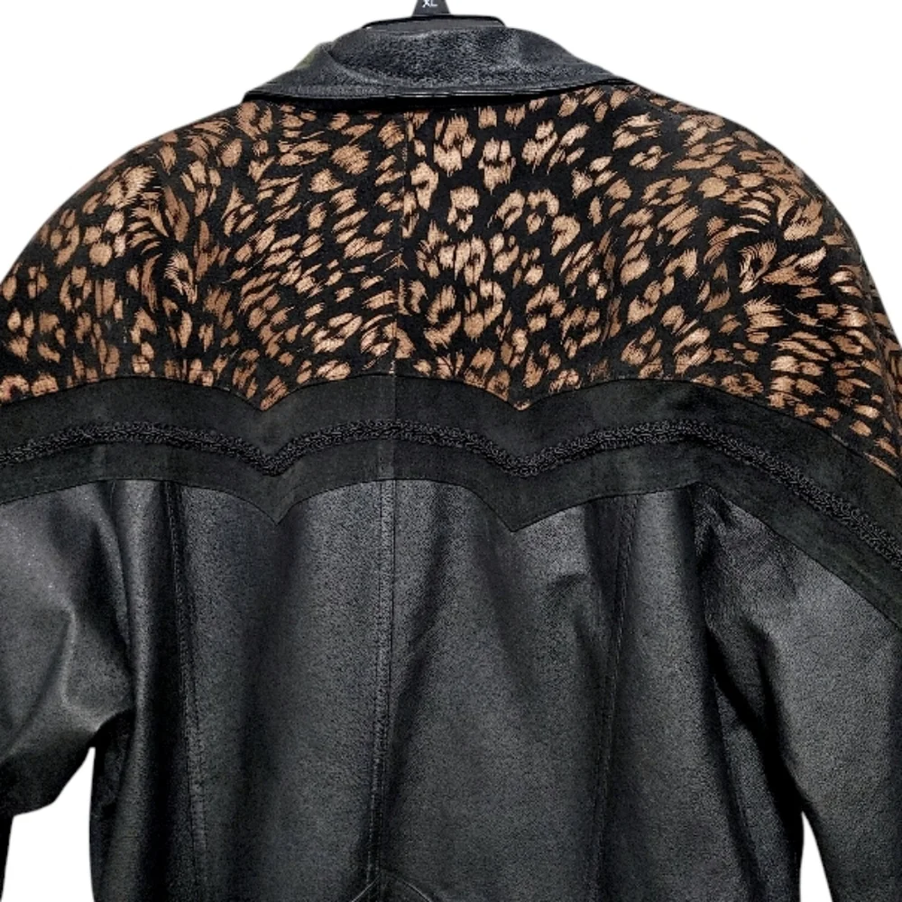Vintage 80s JF J Ferrar Black Leopard Print Leather Suede Trench Coat Size Large - Picture 6 of 13